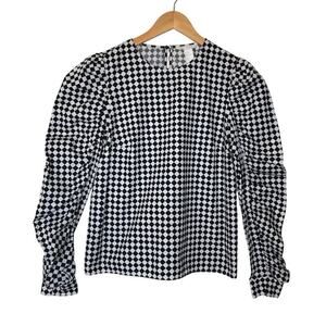 H&M Black White Checkered Long Sleeve‎ Embellished Blouse Puff sleeve Cotton